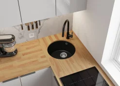 PRIMAGRAN Evier Sous Plan Noir 46x46cm, Evier en Granit 1 bac + Kit de Vidage + Accessoires, Évier au meuble 50cm - La Valette