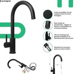 PRIMAGRAN Evier Sous Plan Noir 46x46cm, Evier en Granit 1 bac + Kit de Vidage + Accessoires, Évier au meuble 50cm - La Valette