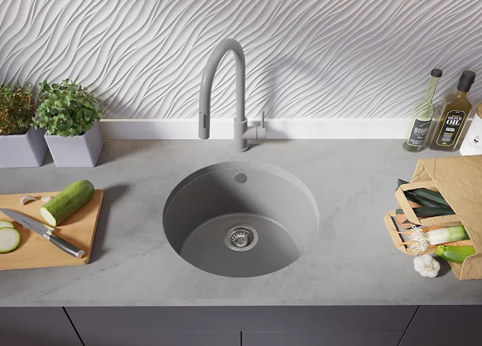 PRIMAGRAN Evier Sous Plan Gris 46x46cm, Evier en Granit 1 bac + Kit de Vidage, Évier au meuble 50cm - La Valette