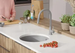 PRIMAGRAN Evier Sous Plan Gris 46x46cm, Evier en Granit 1 bac + Kit de Vidage, Évier au meuble 50cm - La Valette