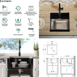 PRIMAGRAN Evier Sous Plan Gris 46x47cm, Evier en Granit 1 bac + Kit de Vidage + Accessoires, Évier au meuble 50cm - Prague