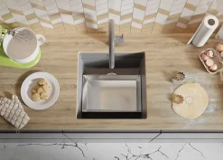 PRIMAGRAN Evier Sous Plan Gris 46x47cm, Evier en Granit 1 bac + Kit de Vidage + Accessoires, Évier au meuble 50cm - Prague