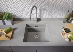 PRIMAGRAN Evier Sous Plan Gris 46x47cm, Evier en Granit 1 bac + Kit de Vidage + Accessoires, Évier au meuble 50cm - Prague