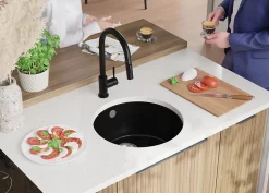 PRIMAGRAN Evier Sous Plan Tout Noir 46x46cm, Evier en Granit 1 bac + Kit de Vidage, Évier au meuble 50cm - La Valette