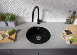 PRIMAGRAN Evier Sous Plan Tout Noir 46x46cm, Evier en Granit 1 bac + Kit de Vidage, Évier au meuble 50cm - La Valette