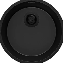 PRIMAGRAN Evier Sous Plan Tout Noir 46x46cm, Evier en Granit 1 bac + Kit de Vidage, Évier au meuble 50cm - La Valette