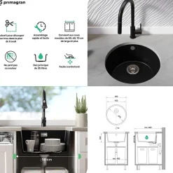 PRIMAGRAN Evier Sous Plan Noir 46x46cm, Evier en Granit 1 bac + Kit de Vidage + Accessoires, Évier au meuble 50cm - La Valette