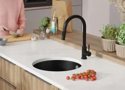 PRIMAGRAN Evier Sous Plan Noir 46x46cm, Evier en Granit 1 bac + Kit de Vidage + Accessoires, Évier au meuble 50cm - La Valette