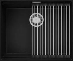 PRIMAGRAN Evier Sous Plan Noir 56x47cm, Evier en Granit 1 bac + Kit de Vidage + Accessoires, Évier au meuble 60cm - Prague