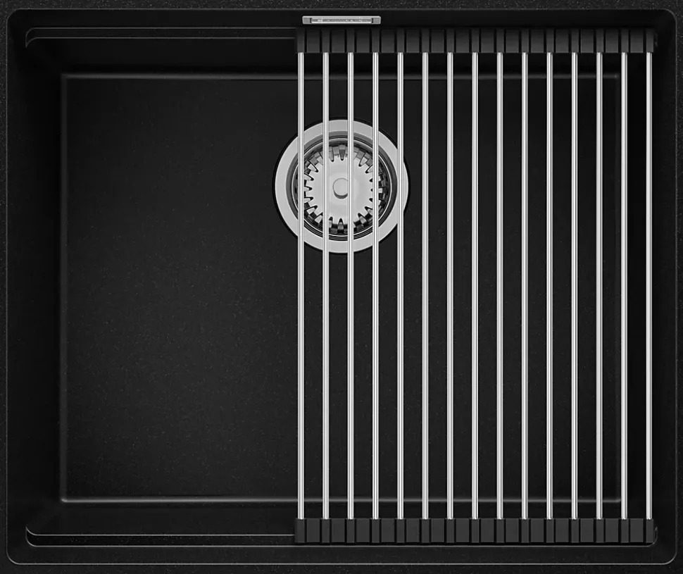 PRIMAGRAN Evier Sous Plan Noir 56x47cm, Evier en Granit 1 bac + Kit de Vidage + Accessoires, Évier au meuble 60cm - Prague