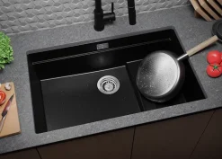 PRIMAGRAN Evier Sous Plan Noir Métallisé 76x47cm, Evier en Granit 1 bac + Kit de Vidage + Accessoires, Évier au meuble 80cm