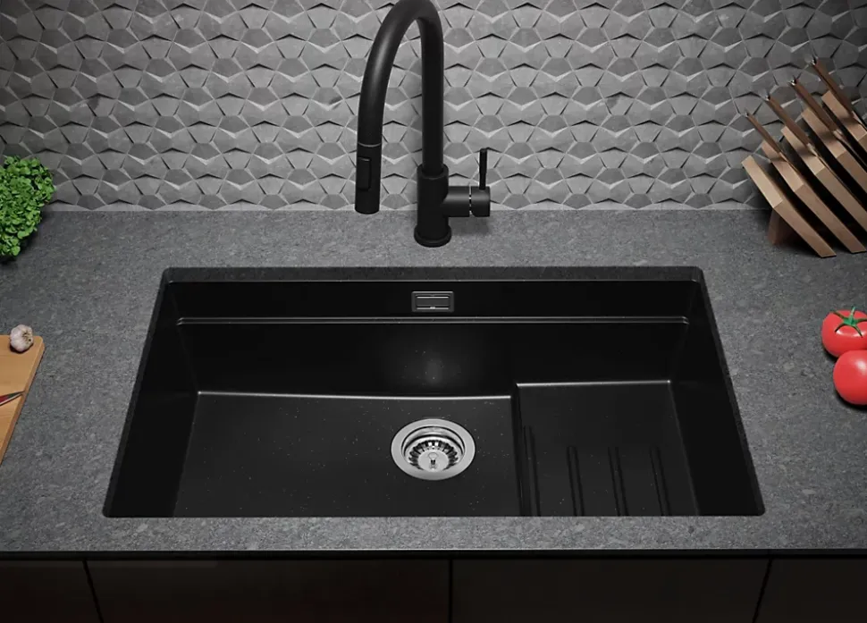 PRIMAGRAN Evier Sous Plan Noir Métallisé 76x47cm, Evier en Granit 1 bac + Kit de Vidage + Accessoires, Évier au meuble 80cm