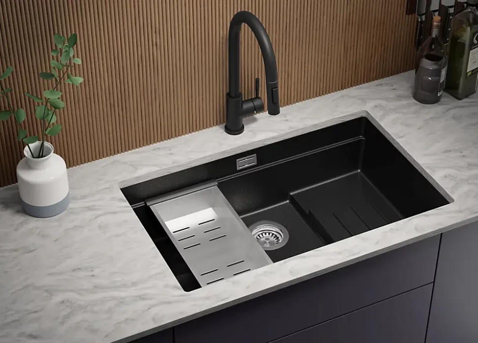 PRIMAGRAN Evier Sous Plan Noir Métallisé 76x47cm, Evier en Granit 1 bac + Kit de Vidage + Accessoires, Évier au meuble 80cm