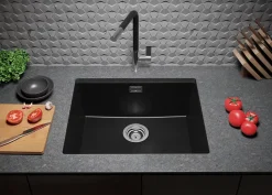 PRIMAGRAN Evier Sous Plan Noir 56x47cm, Evier en Granit 1 bac + Kit de Vidage, Évier au meuble 60cm - London