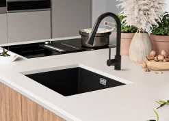 PRIMAGRAN Evier Sous Plan Noir 56x47cm, Evier en Granit 1 bac + Kit de Vidage, Évier au meuble 60cm - London