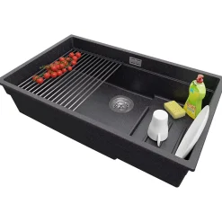 PRIMAGRAN Evier Sous Plan Graphite 76x47cm, Evier en Granit 1 bac + Kit de Vidage + Accessoires, Évier au meuble 80cm - Prague