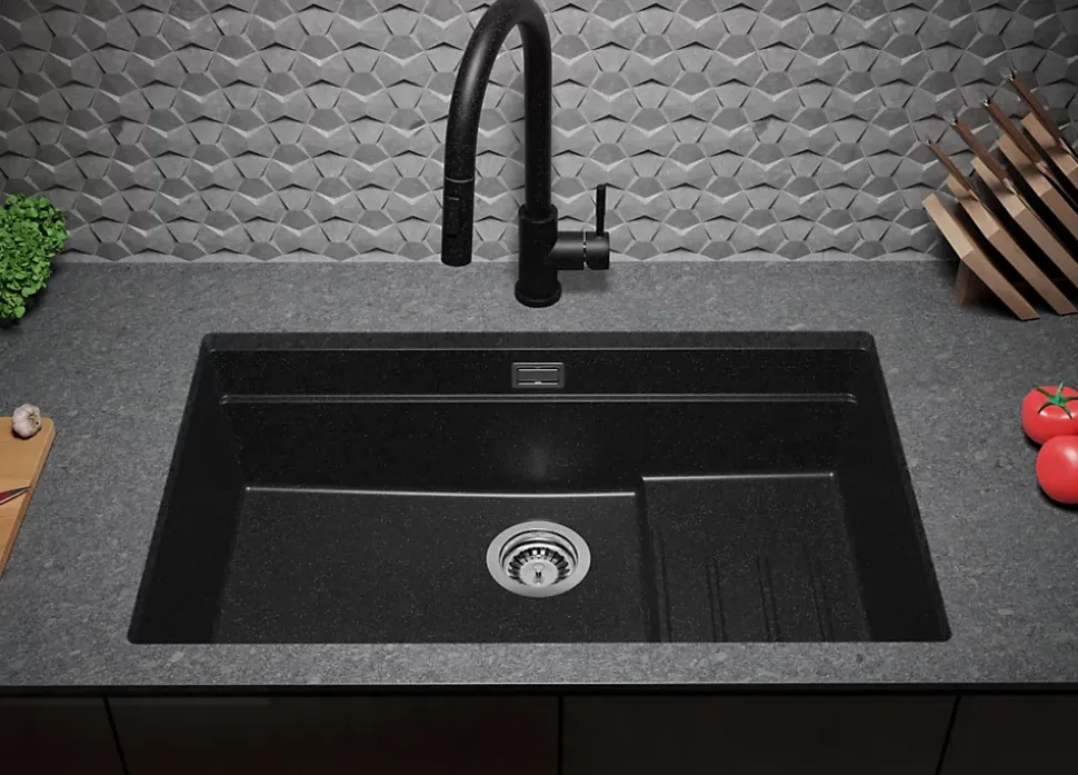 PRIMAGRAN Evier Sous Plan Graphite 76x47cm, Evier en Granit 1 bac + Kit de Vidage + Accessoires, Évier au meuble 80cm - Prague