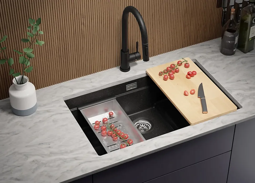 PRIMAGRAN Evier Sous Plan Graphite 76x47cm, Evier en Granit 1 bac + Kit de Vidage + Accessoires, Évier au meuble 80cm - Prague