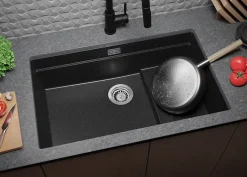 PRIMAGRAN Evier Sous Plan Graphite 76x47cm, Evier en Granit 1 bac + Kit de Vidage + Accessoires, Évier au meuble 80cm - Prague