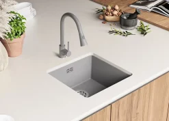 PRIMAGRAN Evier Sous Plan Gris 46x47cm, Evier en Granit 1 bac + Kit de Vidage, Évier au meuble 50cm - London