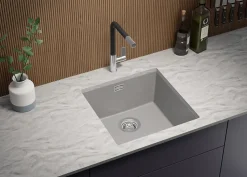 PRIMAGRAN Evier Sous Plan Gris 46x47cm, Evier en Granit 1 bac + Kit de Vidage, Évier au meuble 50cm - London