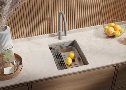 PRIMAGRAN Evier Sous Plan Gris 36x47cm, Evier en Granit 1 bac + Kit de Vidage + Accessoires, Évier au meuble 40cm - Prague