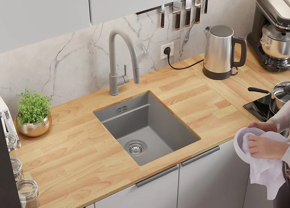 PRIMAGRAN Evier Sous Plan Gris 36x47cm, Evier en Granit 1 bac + Kit de Vidage + Accessoires, Évier au meuble 40cm - Prague