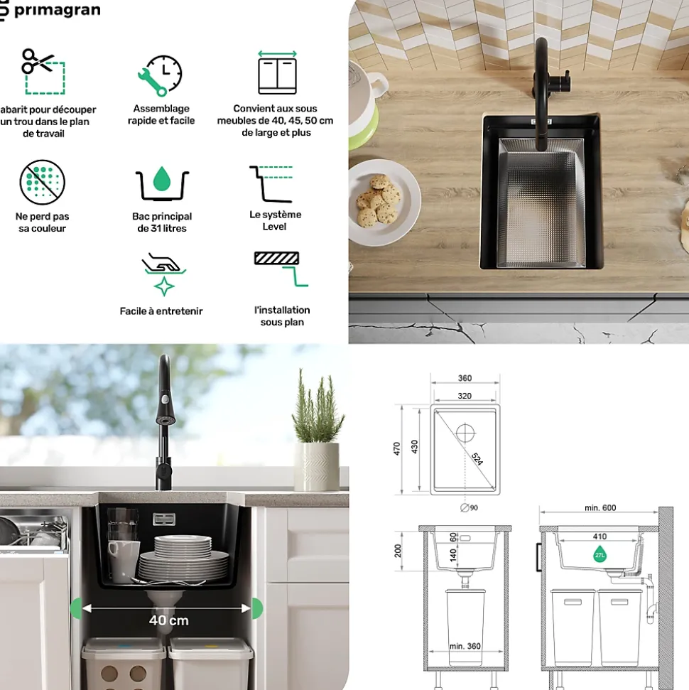 PRIMAGRAN Evier Sous Plan Gris 36x47cm, Evier en Granit 1 bac + Kit de Vidage + Accessoires, Évier au meuble 40cm - Prague