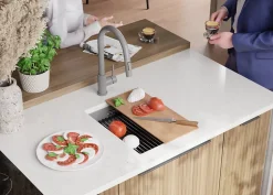 PRIMAGRAN Evier Sous Plan Gris 36x47cm, Evier en Granit 1 bac + Kit de Vidage + Accessoires, Évier au meuble 40cm - Prague