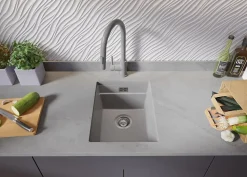 PRIMAGRAN Evier Sous Plan Gris 36x47cm, Evier en Granit 1 bac + Kit de Vidage + Accessoires, Évier au meuble 40cm - Prague