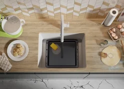 PRIMAGRAN Evier Sous Plan Blanc 56x44cm, Evier en Granit 1 bac + Kit de Vidage, Évier au meuble 60cm - Venise Easy