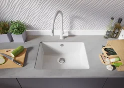 PRIMAGRAN Evier Sous Plan Blanc 56x44cm, Evier en Granit 1 bac + Kit de Vidage, Évier au meuble 60cm - Venise Easy