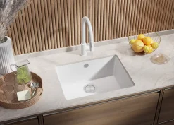 PRIMAGRAN Evier Sous Plan Blanc 56x44cm, Evier en Granit 1 bac + Kit de Vidage, Évier au meuble 60cm - Venise Easy