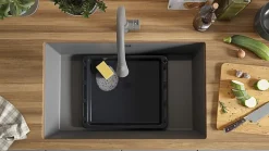 PRIMAGRAN Evier Sous Plan Gris 76x47cm, Evier en Granit 1 bac + Kit de Vidage, Évier au meuble 80cm - London