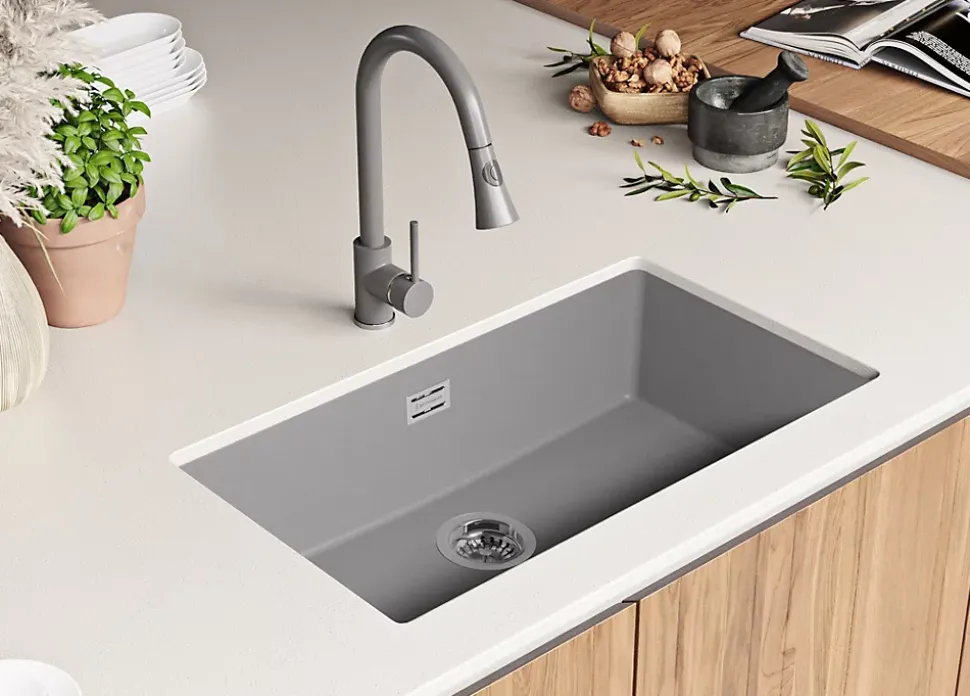 PRIMAGRAN Evier Sous Plan Gris 76x47cm, Evier en Granit 1 bac + Kit de Vidage, Évier au meuble 80cm - London