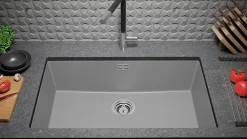 PRIMAGRAN Evier Sous Plan Gris 76x47cm, Evier en Granit 1 bac + Kit de Vidage, Évier au meuble 80cm - London