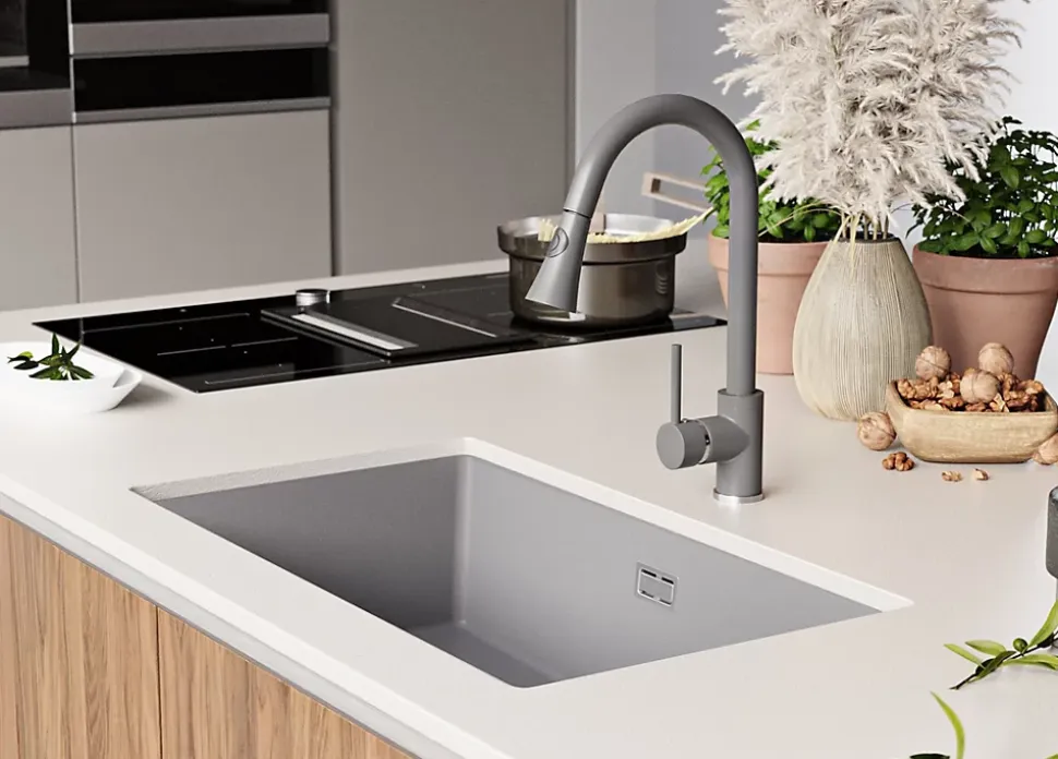 PRIMAGRAN Evier Sous Plan Gris 76x47cm, Evier en Granit 1 bac + Kit de Vidage, Évier au meuble 80cm - London