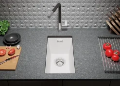 PRIMAGRAN Evier Sous Plan Blanc 26x47cm, Evier en Granit 1 bac + Kit de Vidage, Évier au meuble 30cm - London