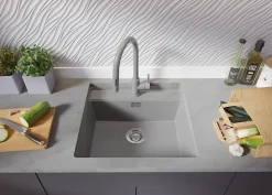 PRIMAGRAN Evier Sous Plan Gris 56x53cm, Evier en Granit 1 bac + Kit de Vidage + Planche à Découper, Évier au meuble 60cm - Bergen