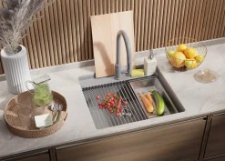 PRIMAGRAN Evier Sous Plan Gris 56x53cm, Evier en Granit 1 bac + Kit de Vidage + Planche à Découper, Évier au meuble 60cm - Bergen