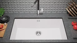 PRIMAGRAN Evier Sous Plan Blanc 76x47cm, Evier en Granit 1 bac + Kit de Vidage, Évier au meuble 80cm - London