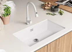 PRIMAGRAN Evier Sous Plan Blanc 76x47cm, Evier en Granit 1 bac + Kit de Vidage, Évier au meuble 80cm - London