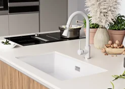 PRIMAGRAN Evier Sous Plan Blanc 76x47cm, Evier en Granit 1 bac + Kit de Vidage, Évier au meuble 80cm - London