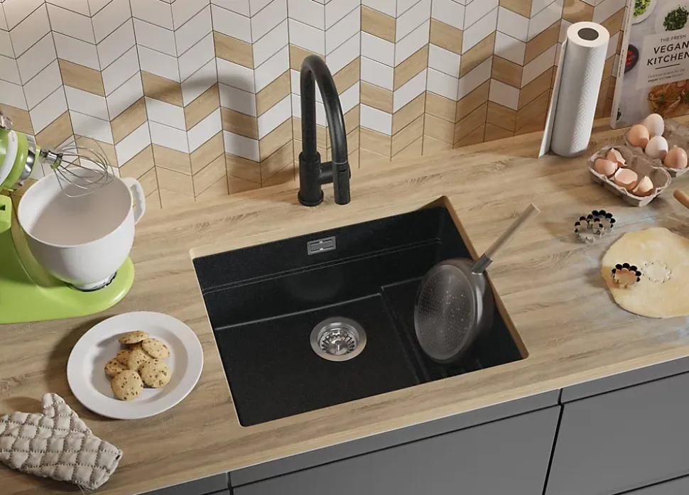 PRIMAGRAN Evier Sous Plan Graphite 56x47cm, Evier en Granit 1 bac + Kit de Vidage + Accessoires, Évier au meuble 60cm - Prague