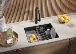 PRIMAGRAN Evier Sous Plan Graphite 56x47cm, Evier en Granit 1 bac + Kit de Vidage + Accessoires, Évier au meuble 60cm - Prague