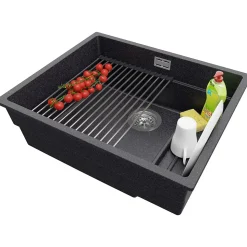 PRIMAGRAN Evier Sous Plan Graphite 56x47cm, Evier en Granit 1 bac + Kit de Vidage + Accessoires, Évier au meuble 60cm - Prague