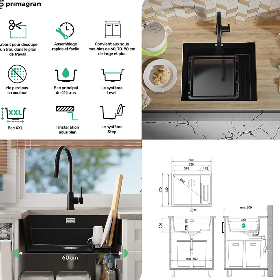 PRIMAGRAN Evier Sous Plan Graphite 56x47cm, Evier en Granit 1 bac + Kit de Vidage + Accessoires, Évier au meuble 60cm - Prague