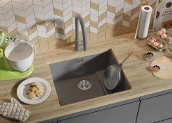 PRIMAGRAN Evier Sous Plan Gris 56x47cm, Evier en Granit 1 bac + Kit de Vidage + Accessoires, Évier au meuble 60cm - Prague