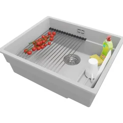 PRIMAGRAN Evier Sous Plan Gris 56x47cm, Evier en Granit 1 bac + Kit de Vidage + Accessoires, Évier au meuble 60cm - Prague