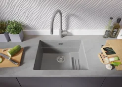 PRIMAGRAN Evier Sous Plan Gris 56x47cm, Evier en Granit 1 bac + Kit de Vidage + Accessoires, Évier au meuble 60cm - Prague